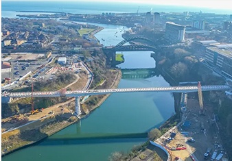 Arial photo of new wear footbridge being constructed over the river Wear